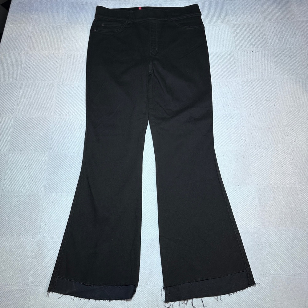 Spanx High Rise Flare Jeans Womens Large Tall Raw Hem Pull On Stretch Black